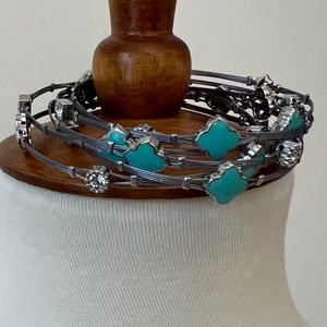 Handmade Piano Wire Set of Six (6) Bracelets w/ Teal & Crystal Charms, Silver